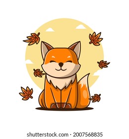 Cute Cartoon Vector Illustrations Smileing Fox Welcome to Autumn. Autumn Day Icon Concept