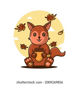 Cute Cartoon Vector Illustrations Squirrel with Peanut in Autumn. Autumn Day Icon Concept