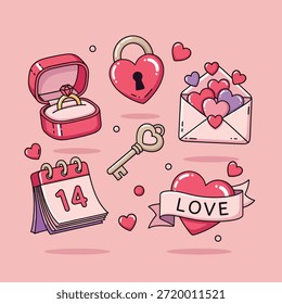 Cute cartoon vector illustrations of Valentine's Day and love symbols: engagement ring, heart padlock, key, love letter envelope, and calendar.