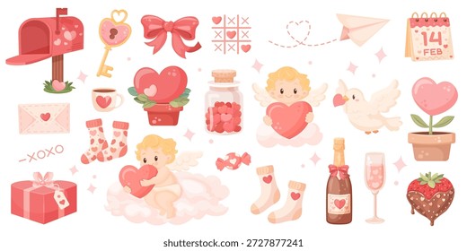 Ein niedliches Cartoon-Vektorbild zu Ehren des Valentinstag, 14. Februar. Konzept der Liebe, Romantik und Datierung. Element für Ihr Design. Amor, Herzen, Champagner usw.