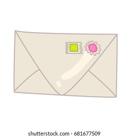 Cute cartoon vector isolated illustration of color post envelope with stamps. Children funny style