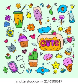 Cute cartoon vector kawaii kids food elements set. Ice-cream, cup, donut, cat, hearts, bottle, cake, candy, phone. 