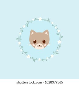 Cute cartoon vector kitten illustrution. Adorable baby cat icon on blue background with flowers.