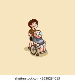 cute cartoon vector mascot of a child and his old father in a wheelchair enjoying the beach atmosphere together