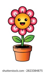 Cute cartoon vector mascot illustration of a happy smiling flower with pink petals and a yellow face planted in a brown terracotta clay pot, isolated on a white background.