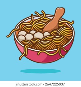Cute cartoon vector meatball noodles. Cartoon illustration of popular Indonesian food. Flat Cartoon Style