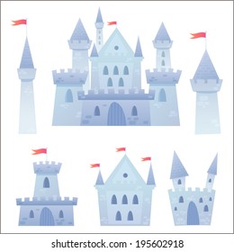 Cute cartoon vector medieval castle with fortress and set of towers