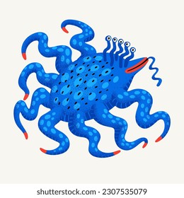 Cute cartoon vector monster. Blue water monster character with tentacles and stippled texture. Hand-drawn vector illustration in a bold modern style