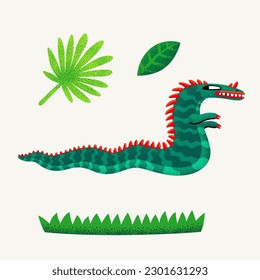 Cute cartoon vector monster. Monster character lizard amphibian with stipple texture. Hand-drawn illustration in Vector bold modern style.