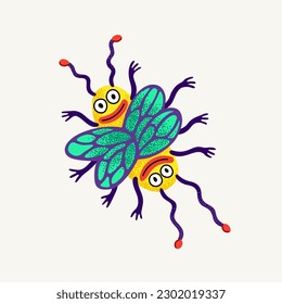 Cute cartoon vector monster. Monster character double headed fly insect with stipple texture. Hand-drawn illustration in Vector bold modern style.
