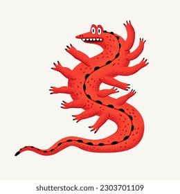 Cute cartoon vector monster. Monster character lizard amphibian with stipple texture. Hand-drawn illustration in Vector bold modern style.