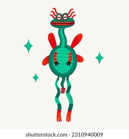 Cute cartoon vector monster. Monster character reptile fly insect with stippled texture. Hand drawn vector illustration in bold modern style