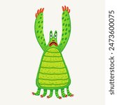 Cute cartoon vector monster. Green sad monster character with stippled texture. Hand drawn vector illustration in bold modern style..