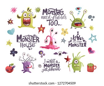 Cute cartoon vector monster icons in a flat style. Handdrawn stickers. Color baby cliparts. Big set of isolated halloween characters with hand drawn lettering monster funny quotes.