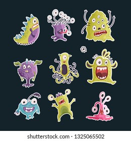 Cute cartoon vector monster icons in a flat style. Handdrawn stickers. Color baby cliparts. Big set of isolated halloween characters.