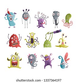 Cute cartoon vector monster icons in a flat style. Handdrawn stickers. Color baby cliparts. Big set of isolated halloween characters.