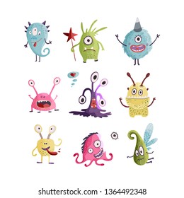 Cute cartoon vector monster icons in a flat style. Handdrawn stickers. Color baby clip arts. Big set of isolated halloween characters.