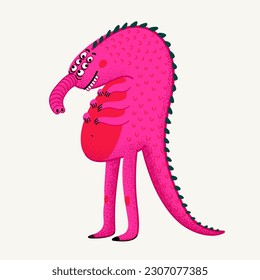 Cute cartoon vector monster. Pink reptile monster character with stippled texture. Hand drawn vector illustration in bold modern style.