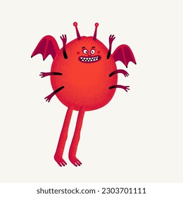 Cute cartoon vector monster. Red Monster character with wings and stipple texture. Hand-drawn illustration in Vector bold modern style.