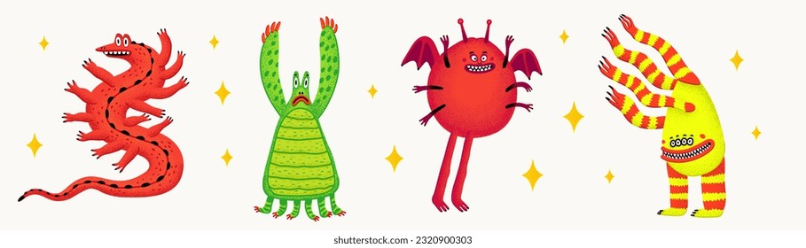 Cute cartoon vector monsters. Different funny monster characters with stippled texture. Hand-drawn vector illustration in a bold modern style.