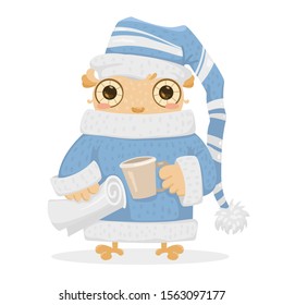 cute cartoon vector owl with cup and newspaper. bird in sleepwear and big funny hat