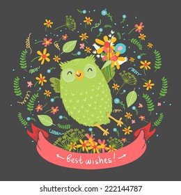 Cute cartoon vector owl with flowers on dark background. Ribbon with "Best wishes"or space for other text