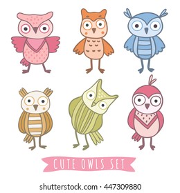 Cute cartoon vector owls collection. Different owls in doodle style.