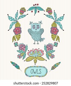 Cute cartoon vector owls  in  frame of leaves and flowers