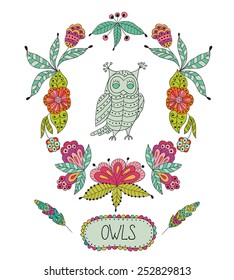 Cute cartoon vector owls  in  frame of leaves and flowers