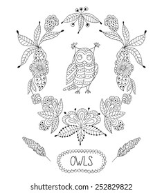Cute cartoon vector owls  in  frame of leaves and flowers
