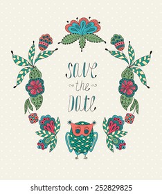 Cute cartoon vector owls  in  frame of leaves and flowers
