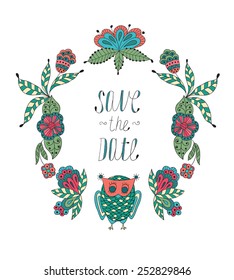 Cute cartoon vector owls  in  frame of leaves and flowers