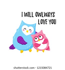 Cute cartoon vector owls. Template for printing. Valentine's Day