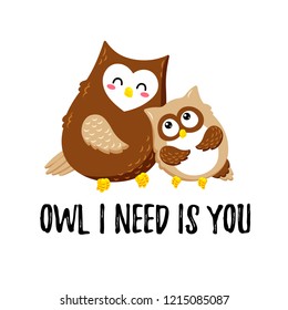Cute cartoon vector owls. Template for printing. Valentine's Day