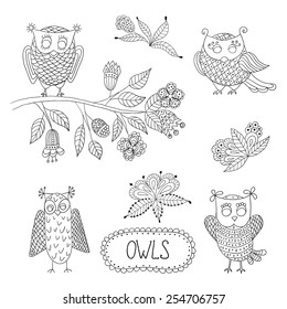 Cute cartoon vector owls  with tree brunche and flowers.