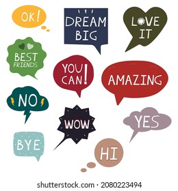 Cute cartoon vector patches collection. Speech bubbles, stickers, badges, prints with motivational quotes, doodles and lettering. Yes, bye, wow, no, best friends, dream big, you can, hi, ok, amazing, 