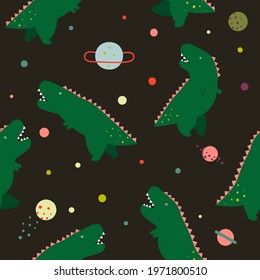 Cute  cartoon vector pattern with dinosaurs tyrannosaurs  on space background . Childish print for textiles, wallpapers, designer paper, etc