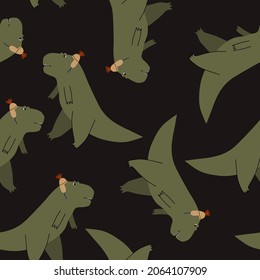 Cute  cartoon vector pattern with dinosaurs tyrannosaurs wearing funny caps on black background . Stylish childish print for textiles, wallpapers, designer paper, etc