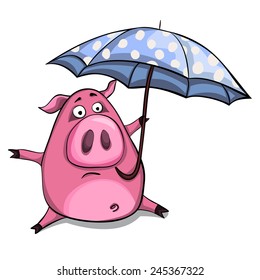 Cute cartoon vector pig with blue umbrella