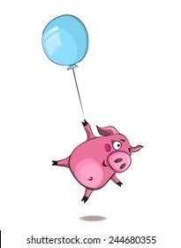 Cute Cartoon Vector Pig Flying On Balloon