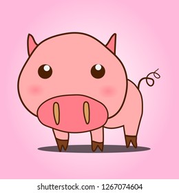 Cute cartoon vector pig on pink background. 