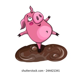 Cute cartoon vector pig staying in the mud