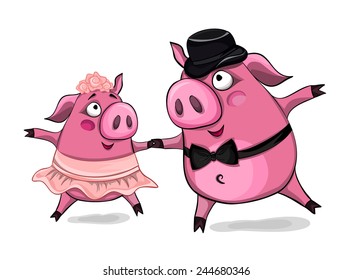 Cute cartoon vector pigs dancing together