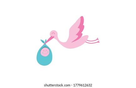 Cute cartoon vector of a pink stork or bird holding a happy and smiling newborn baby in a teal pouch with beak, flying and delivering the child. Graphic is isolated against a white background.