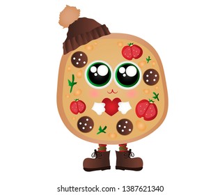 cute cartoon vector pizza with a face, tomatoes and sausage in boots and a hat