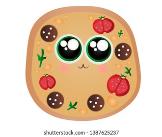 cute cartoon vector pizza with a face, tomatoes and sausage 