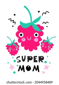 Cuta caricatura vectorial postal para el Día de la Madre. Personajes de frambuesa con caras sonrientes. Madre con hijos, tarjeta de cumpleaños feliz