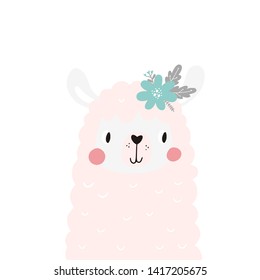 Cute cartoon vector print with alpaca. Hand drawn print for kids. Can be used for T-shirt design and children's room decor.