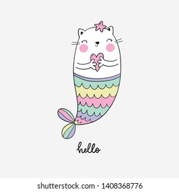 Cute cartoon vector print with cat mermaid. Cool summer print. Can be used for T-shirt design and children's room decor.