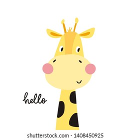 Cute cartoon vector print with giraffe. Hand drawn print for kids. Can be used for T-shirt design and children's room decor.